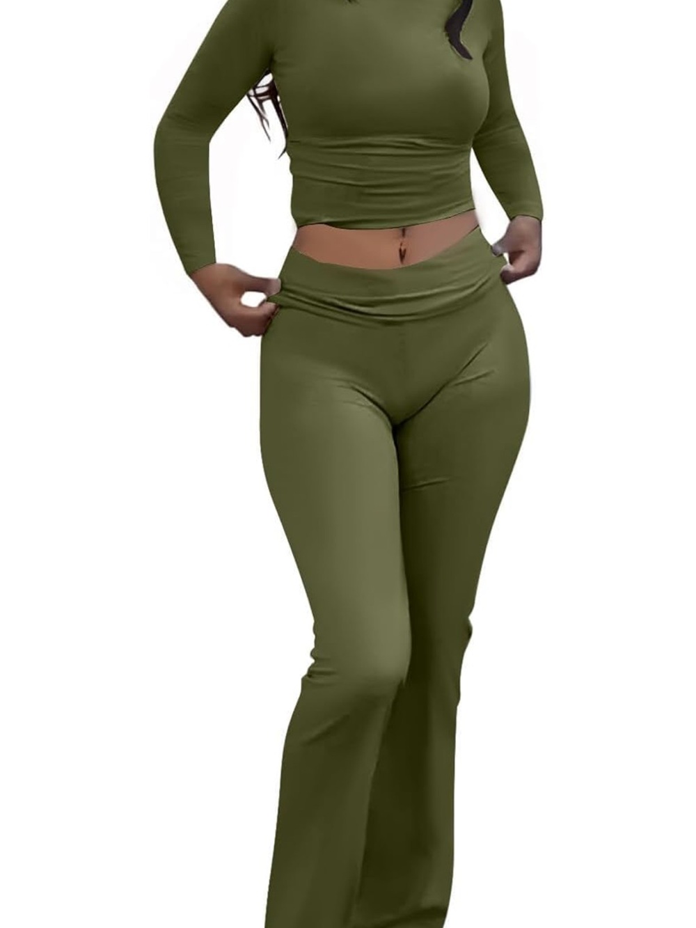 Olive High-Waist Flared Pants - Women